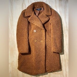 Kenneth Cole Teddy Coat Rust Brown Double Breasted Faux Fur Size XS Oversized